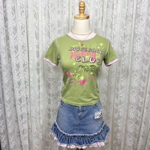 Vintage Y2K Green/Pink Horseback Riding Baby‎ T Shirt XS Preppy Kidcore
